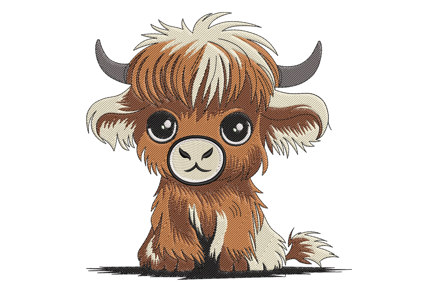Baby cow farm animal machine embroidery design, cute Holstein calf with big eyes and black-white patches on cream fabric
