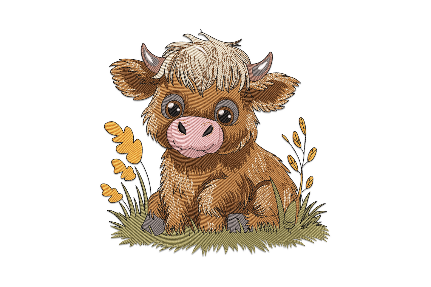 Baby highland cow embroidery, fluffy calf in wildflowers with glassy eyes and shaggy fur, 11-color on white