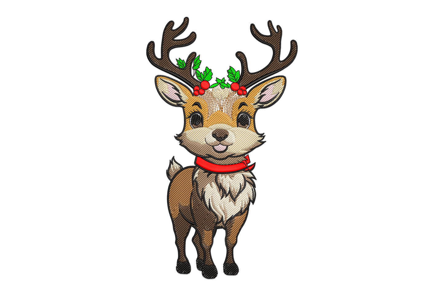 Baby reindeer holiday embroidery design with holly crown, red scarf, doe eyes and crosshatch fur shading in warm browns.