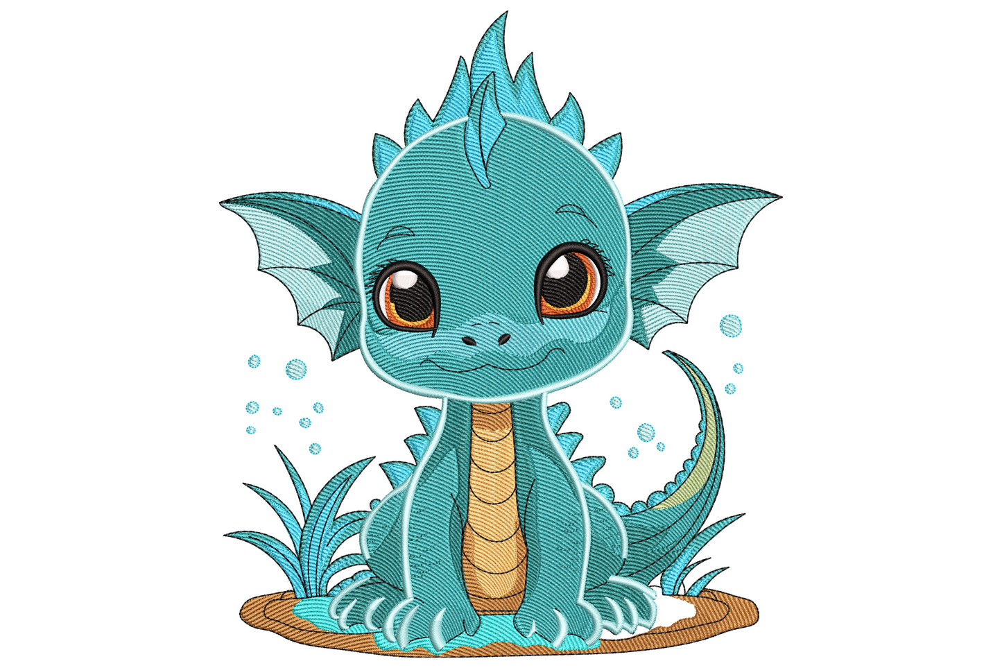 Chubby baby dragon embroidery design with teal scales, blue spines, bronze belly panel and folded peach-lined wings.