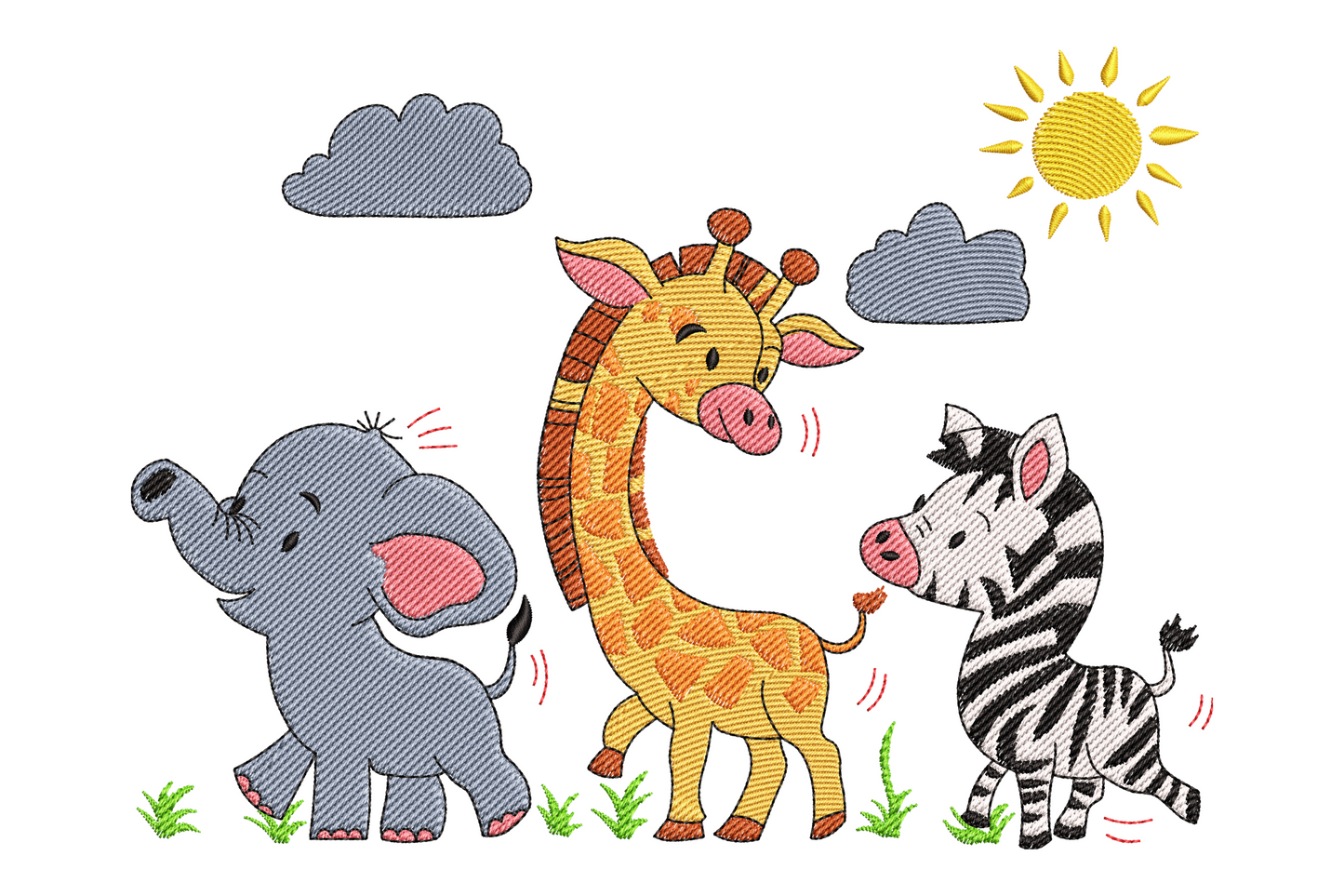 Baby elephant giraffe zebra trio embroidery, 10 colours, 9 sizes 2.6 to 5.57 inches wide, nursery safari, instant download