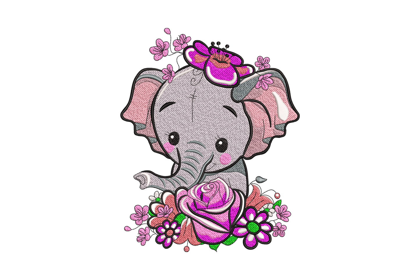 Baby elephant with flower wreath, soft grey body with pastel pink and sage floral details, nursery illustration embroidery.