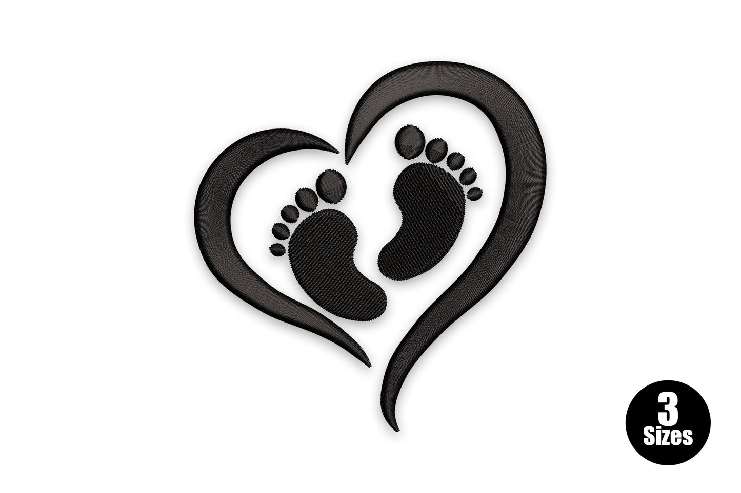 Baby feet heart embroidery design in black thread, two footprints inside a flowing heart frame with cutout hearts on soles.