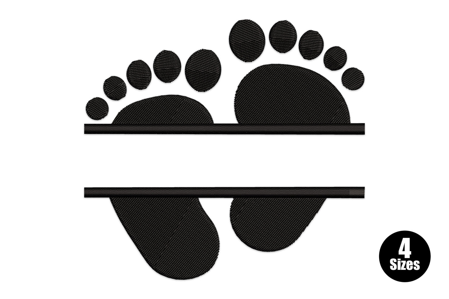Baby feet split monogram embroidery design in black thread, footprints split horizontally with blank centre strip for a name.