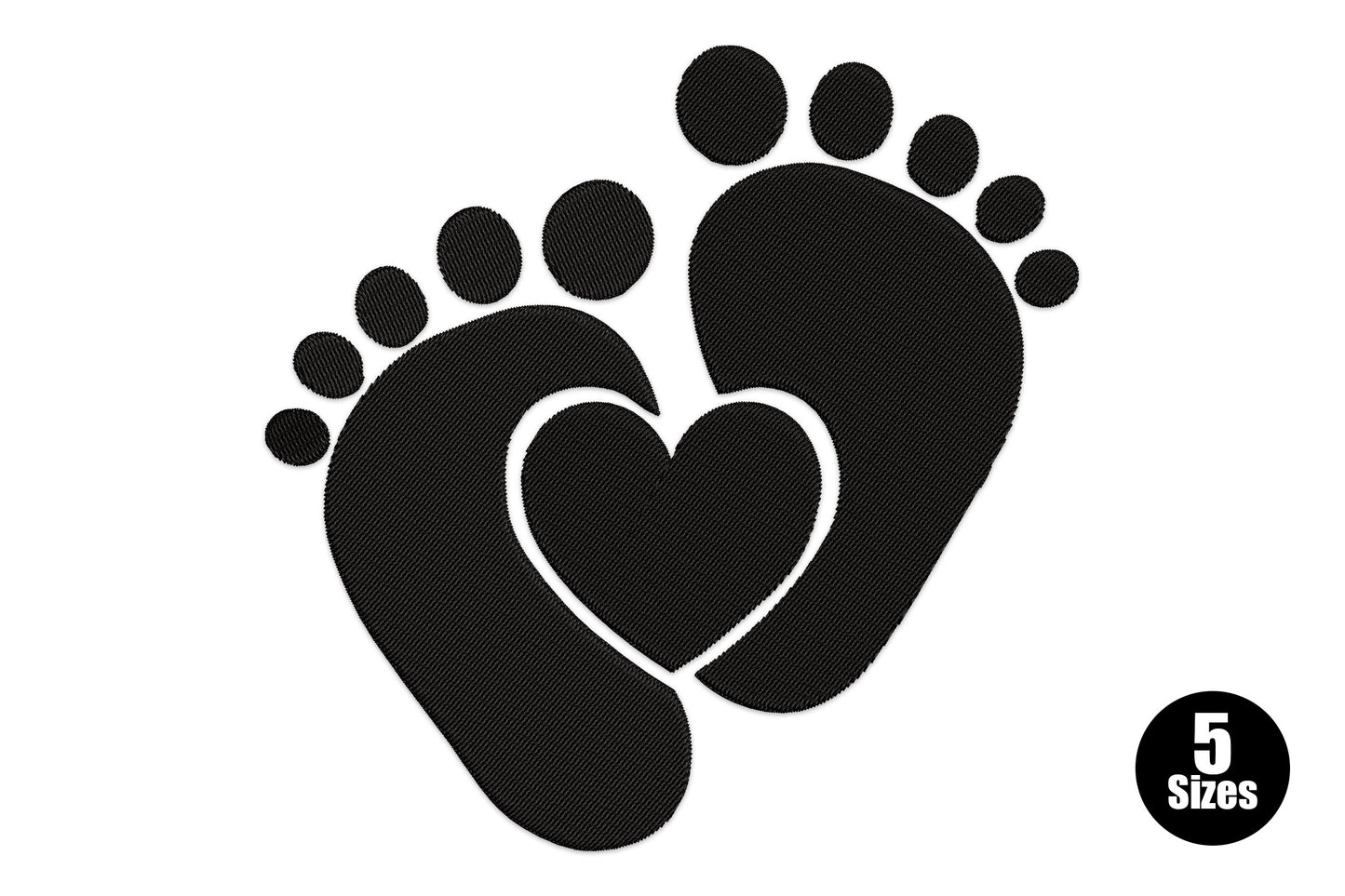 Baby feet with heart center embroidery design in black thread, two angled footprints with a small open heart between them.