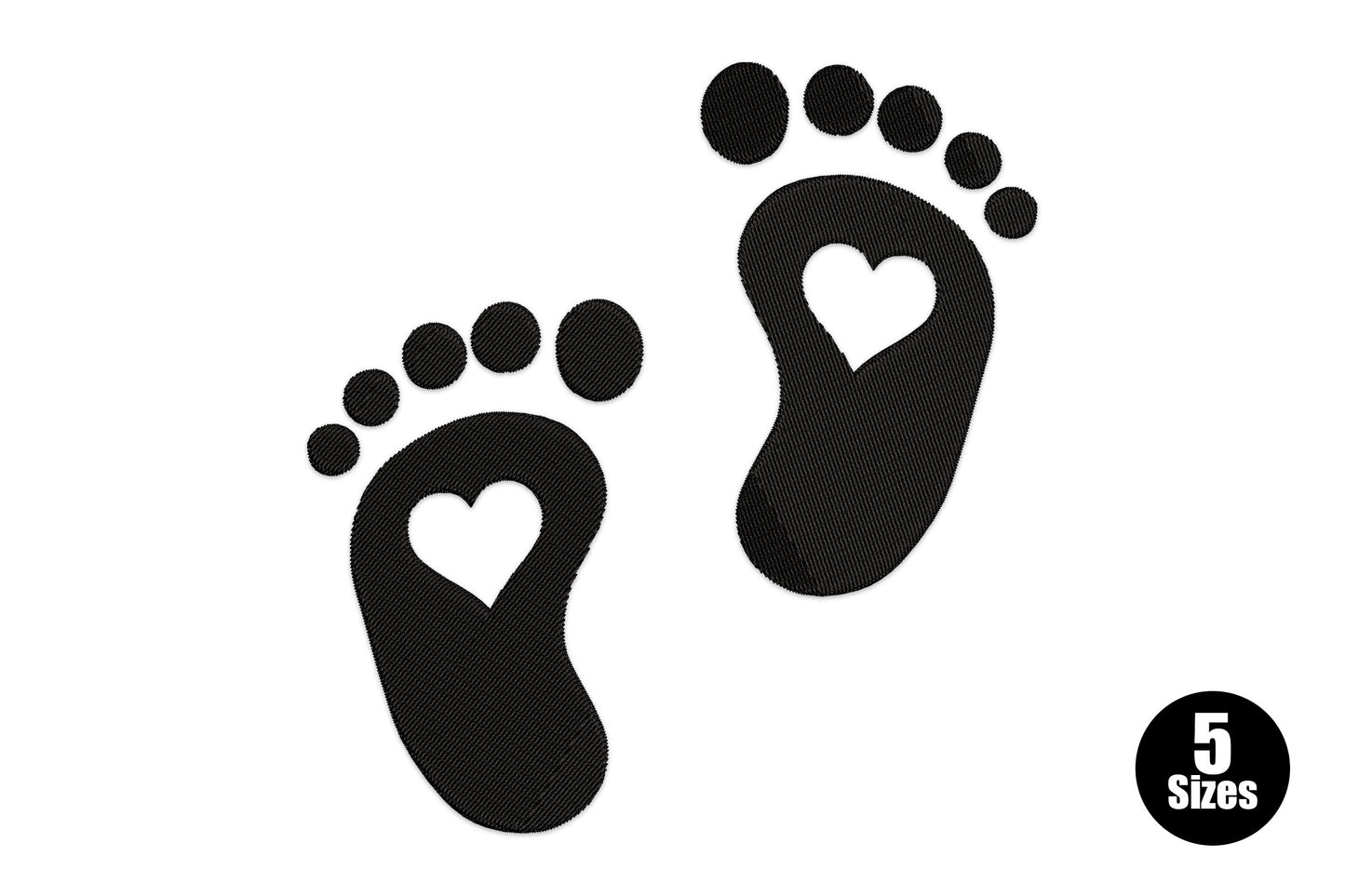 Baby feet with heart cutout embroidery design in black thread, two side-by-side footprints with heart windows on each sole.