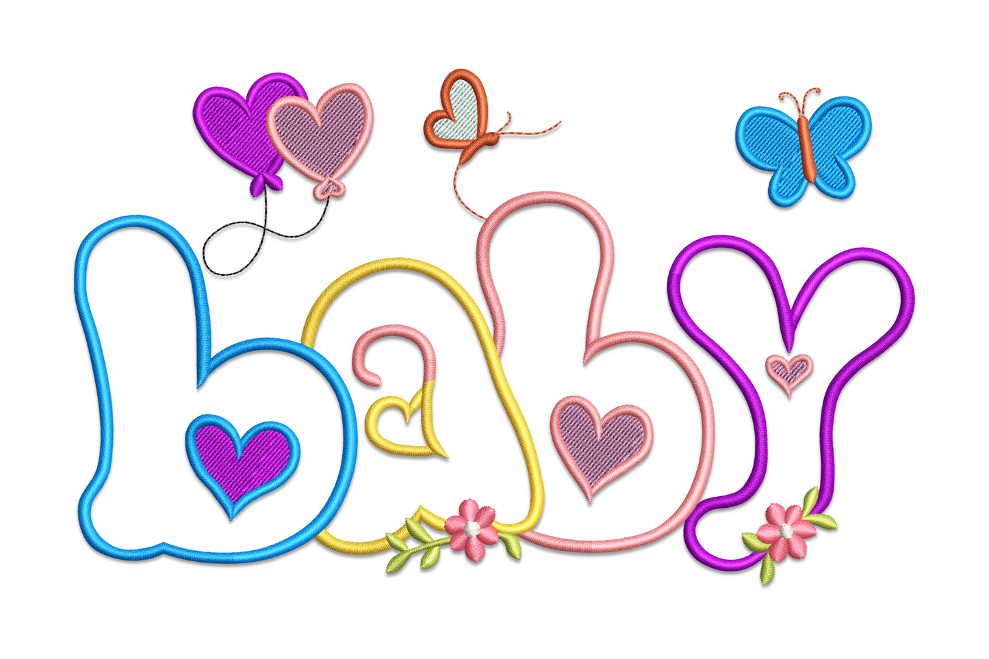 Baby love embroidery design, bubble letters spelling baby in blue yellow pink purple with heart accents, butterflies and small flowers.