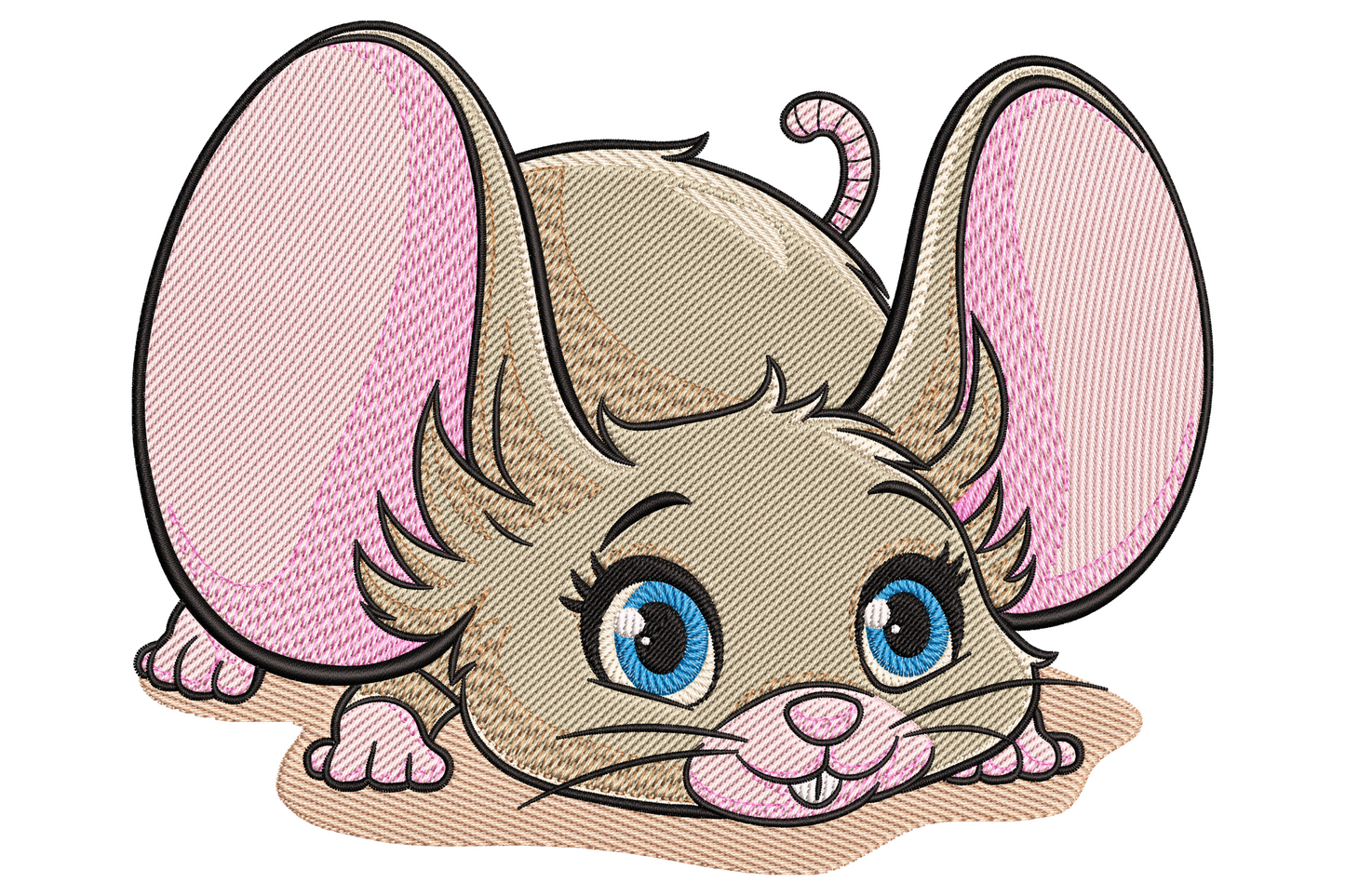 Baby mouse big ears machine embroidery design, 9 colours, dove grey body with dusty pink ears, on blush onesie, 9 sizes.