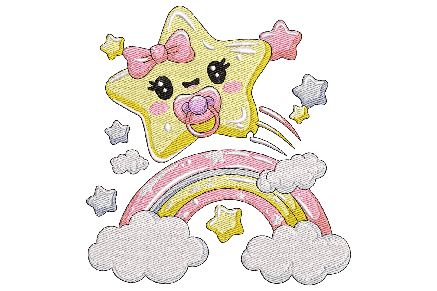Baby star rainbow embroidery design, smiling yellow star with pink bow and pacifier above a pastel rainbow on clouds