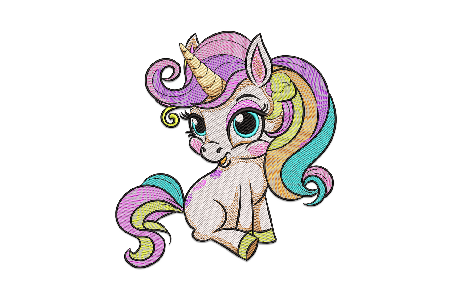 Baby unicorn embroidery design with rainbow mane, gold horn, and pudgy seated pose in ten pastel colours on white background