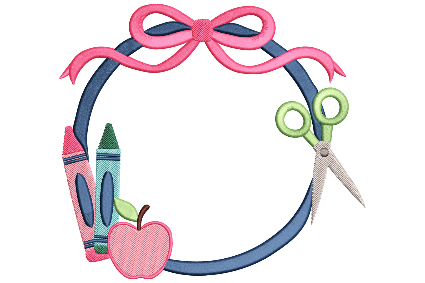Back to school frame embroidery with navy circle, pink bow, crayons, apple, scissors and open centre for personalisation.