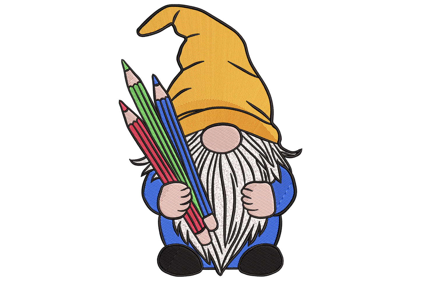 Back to school gnome embroidery with navy polka dot hat, cream beard, holding a bouquet of seven rainbow coloured pencils.