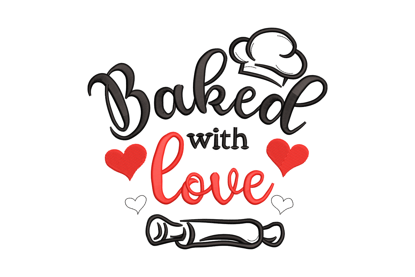 Baking embroidery with Baked With Love in black brushstroke and red cursive, chef hat at top and rolling pin at bottom