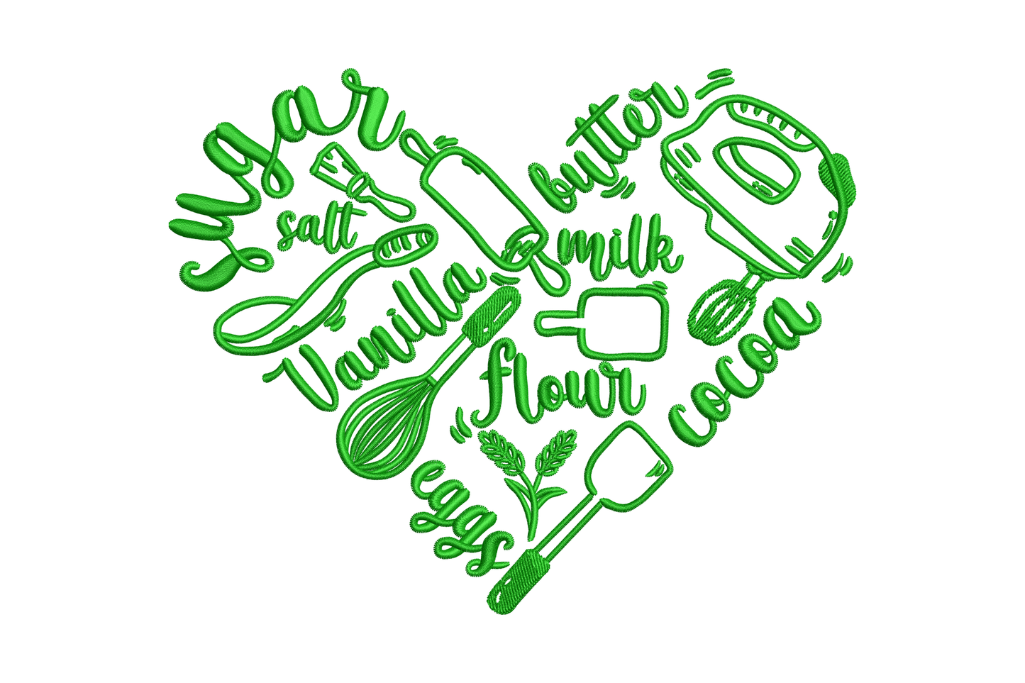 Baking ingredients heart embroidery in bright green thread, heart shape packed with flowing script ingredient words including sugar butter flour vanilla eggs and cocoa, colourful kitchen word art design