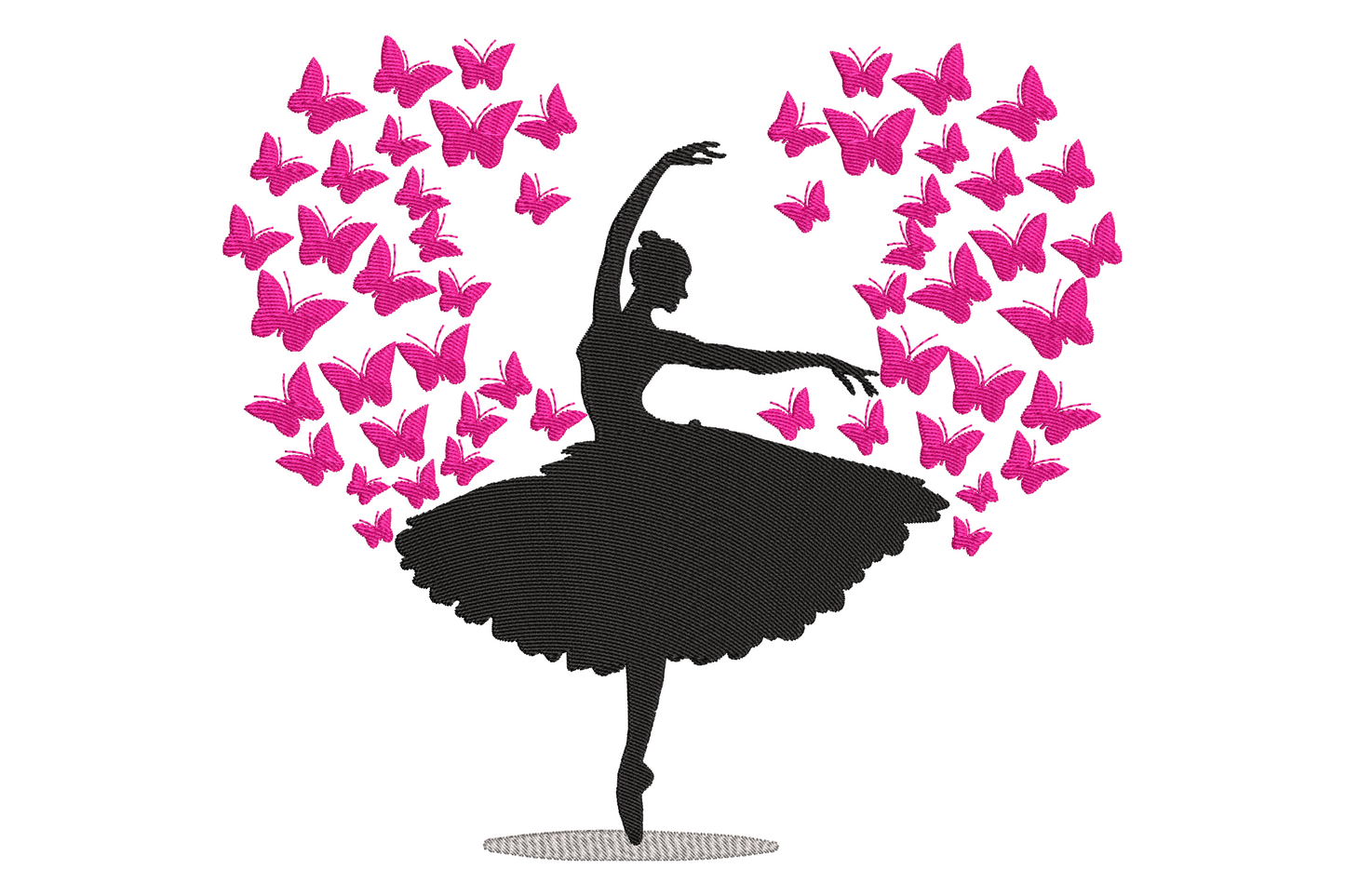 Ballerina butterfly embroidery design, black dancer silhouette with heart-shaped cloud of hot pink butterflies