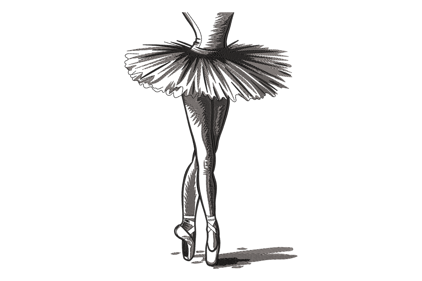 Ballerina embroidery design cropped from waist to pointe shoes, full tutu spread wide, engraving sketch style in charcoal grey and black on white.