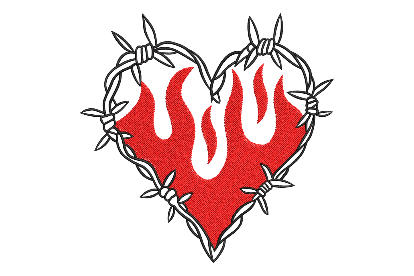 Barbed wire flaming heart machine embroidery, tattoo-style red heart with barbed wire and flames in two colours