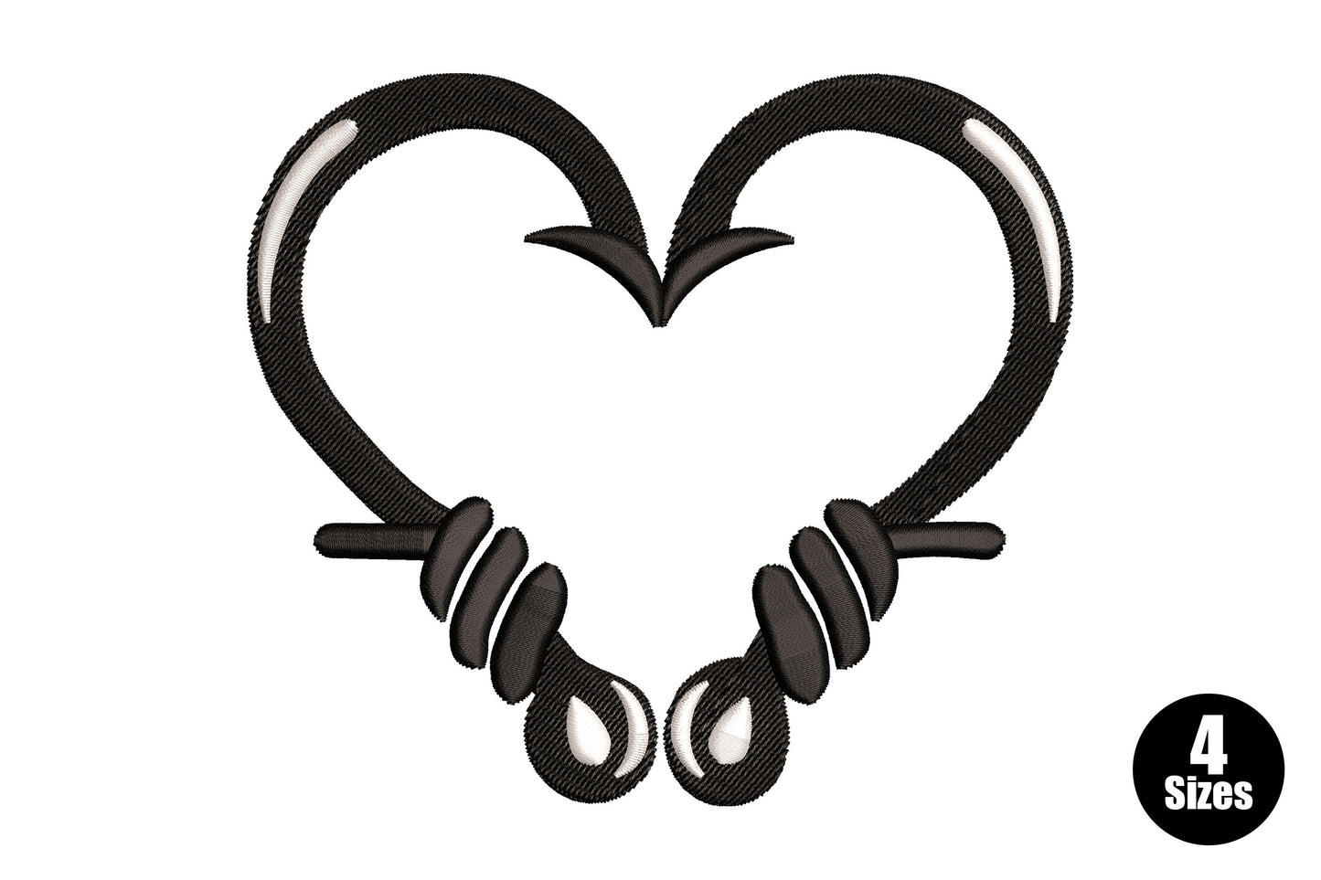 Barbed wire heart embroidery design with two fishing hooks forming a heart shape, wire coils at the crossing base, black and white outline.