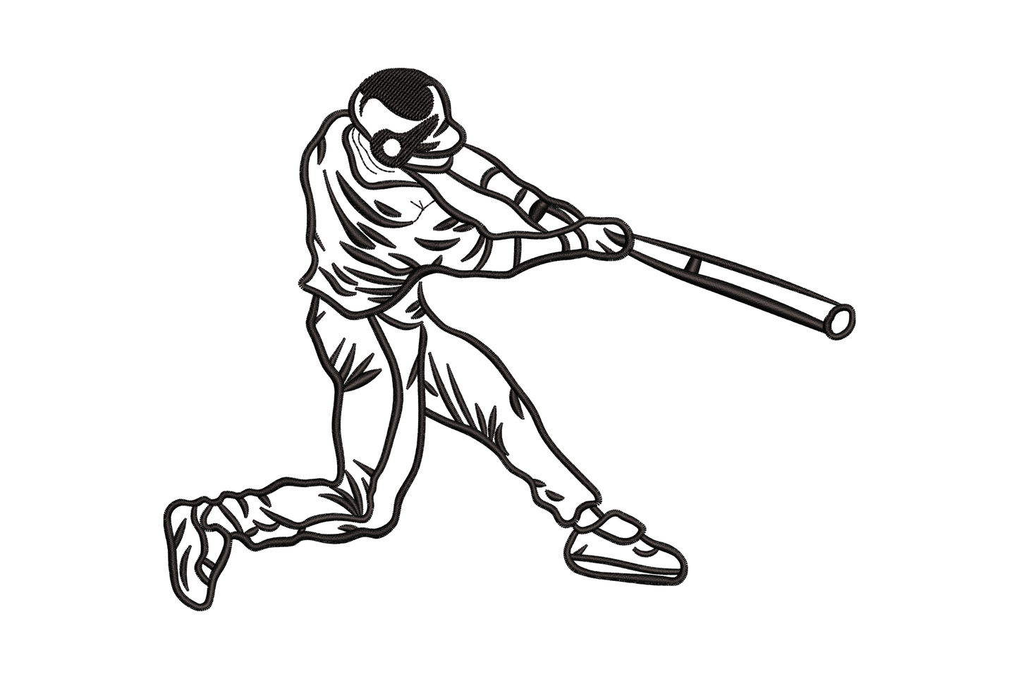 Baseball batter line art embroidery, batter in full swing crouching stance with bat extended, single black outline