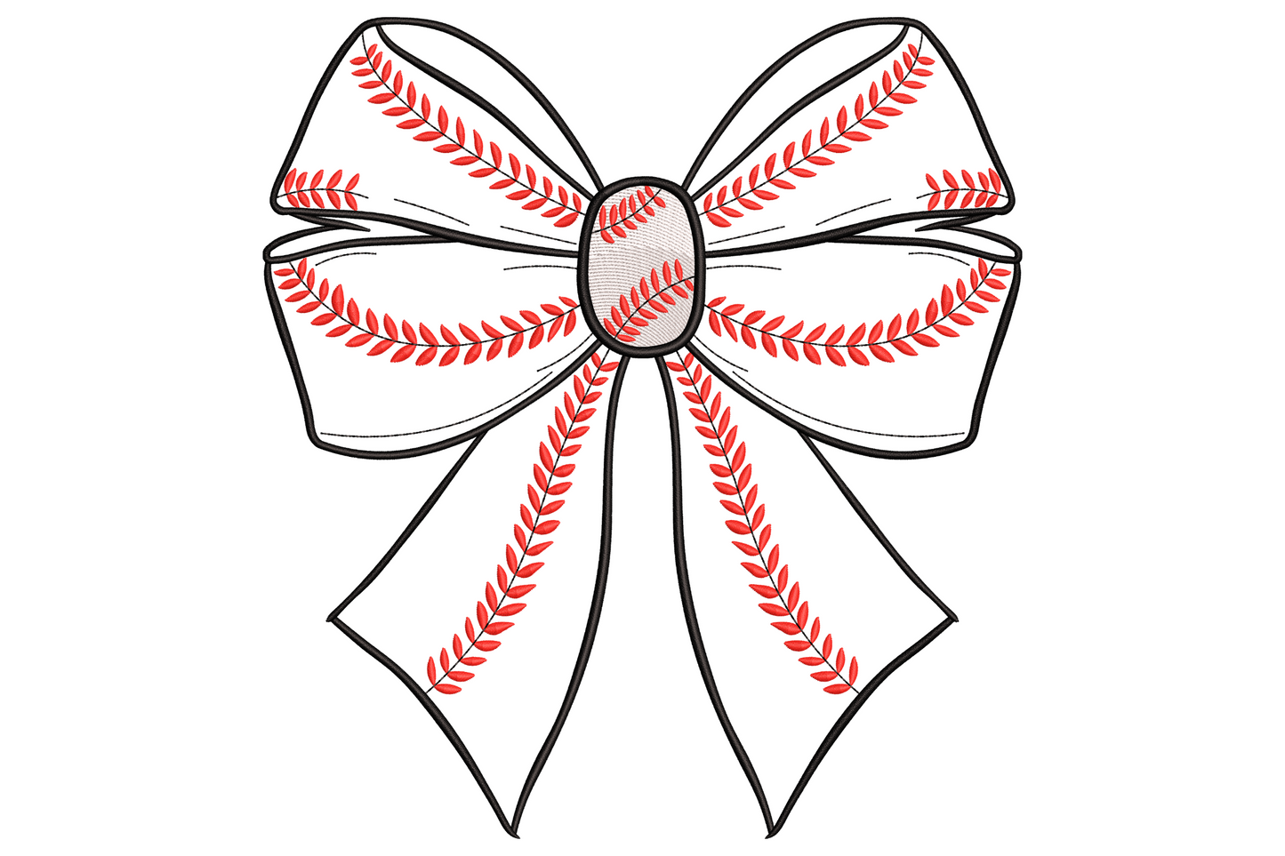 Baseball bow embroidery design showing white baseball with red curved seam lines and decorative satin bow, 3-colour sporty style on white background.