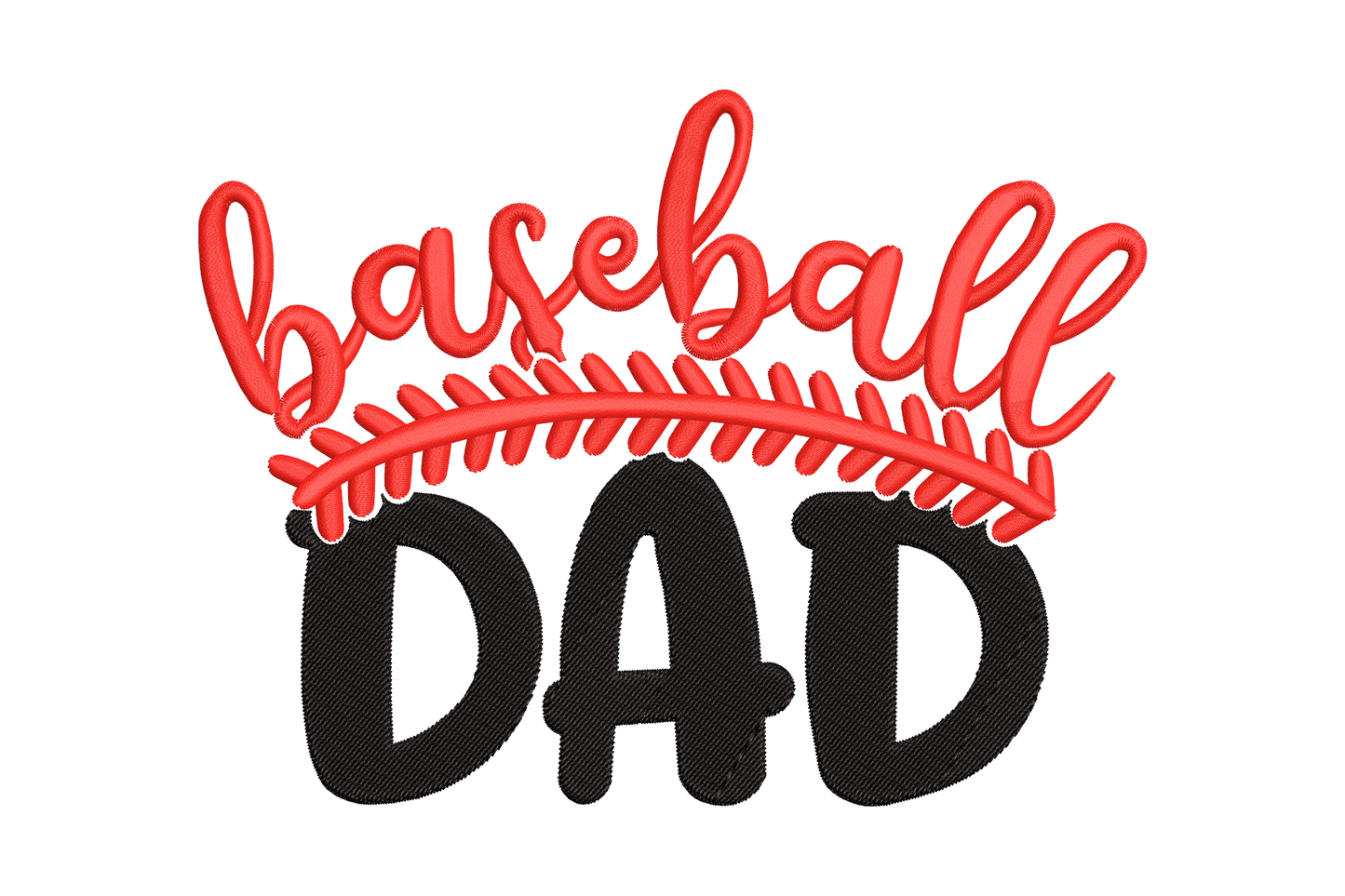 Baseball dad embroidery with red cursive script over black block DAD letters and red baseball stitch arc separator.