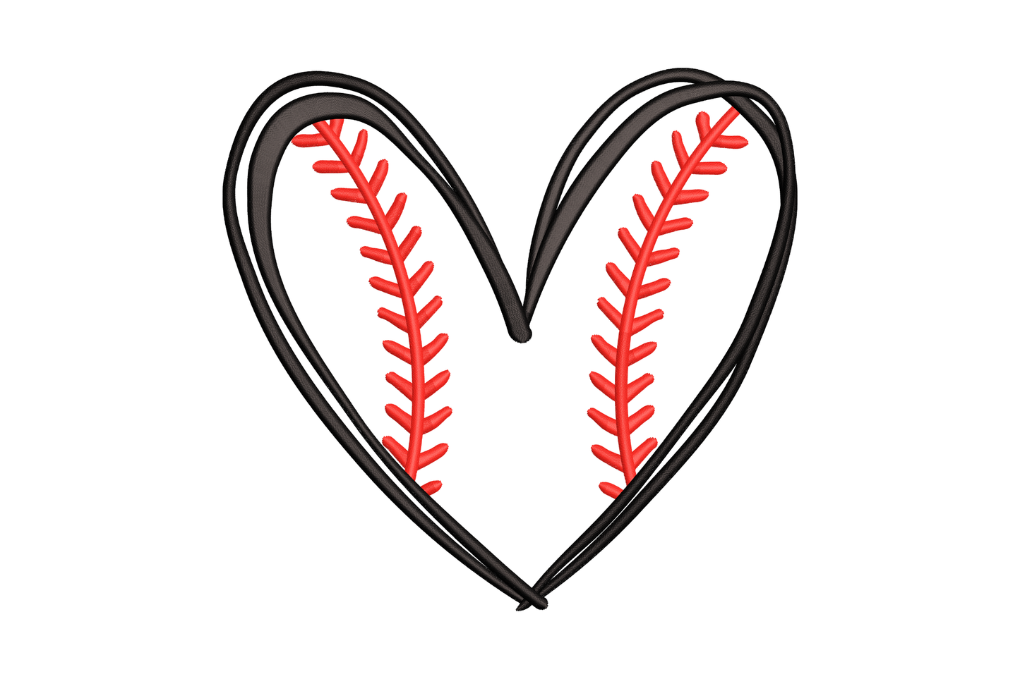 Baseball heart embroidery design, heart shape with black satin outline and red baseball seam stitch lines inside each half