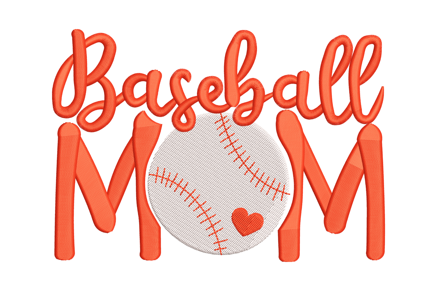 Baseball mom embroidery design in bold red lettering with a baseball replacing the O in MOM and a small heart below.