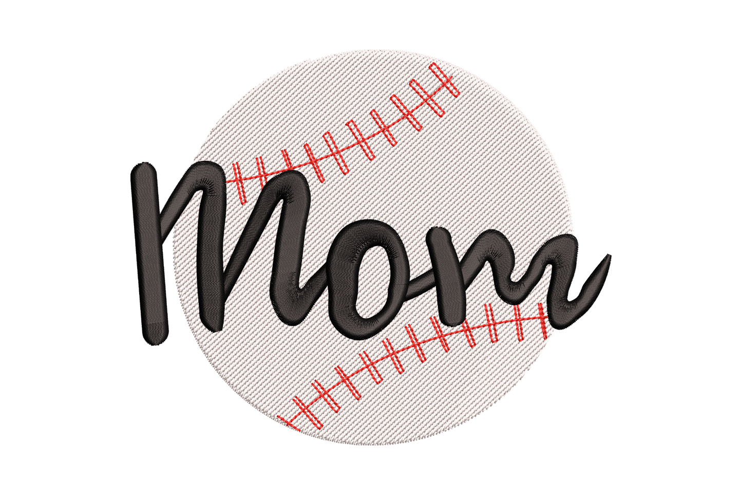 Baseball Mom machine embroidery design with block lettering and red-seam baseball, 4 sizes from 2 to 4.5 inches, three-colour satin fill on dark sports fabric