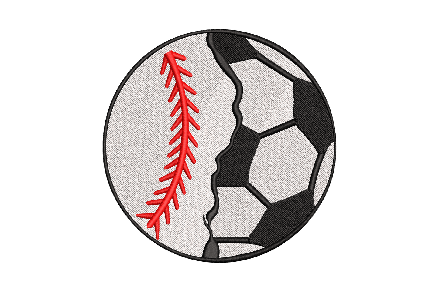 Baseball and soccer split ball embroidery design, white baseball half with red chain-stitch lacing, black and white soccer pentagon half.