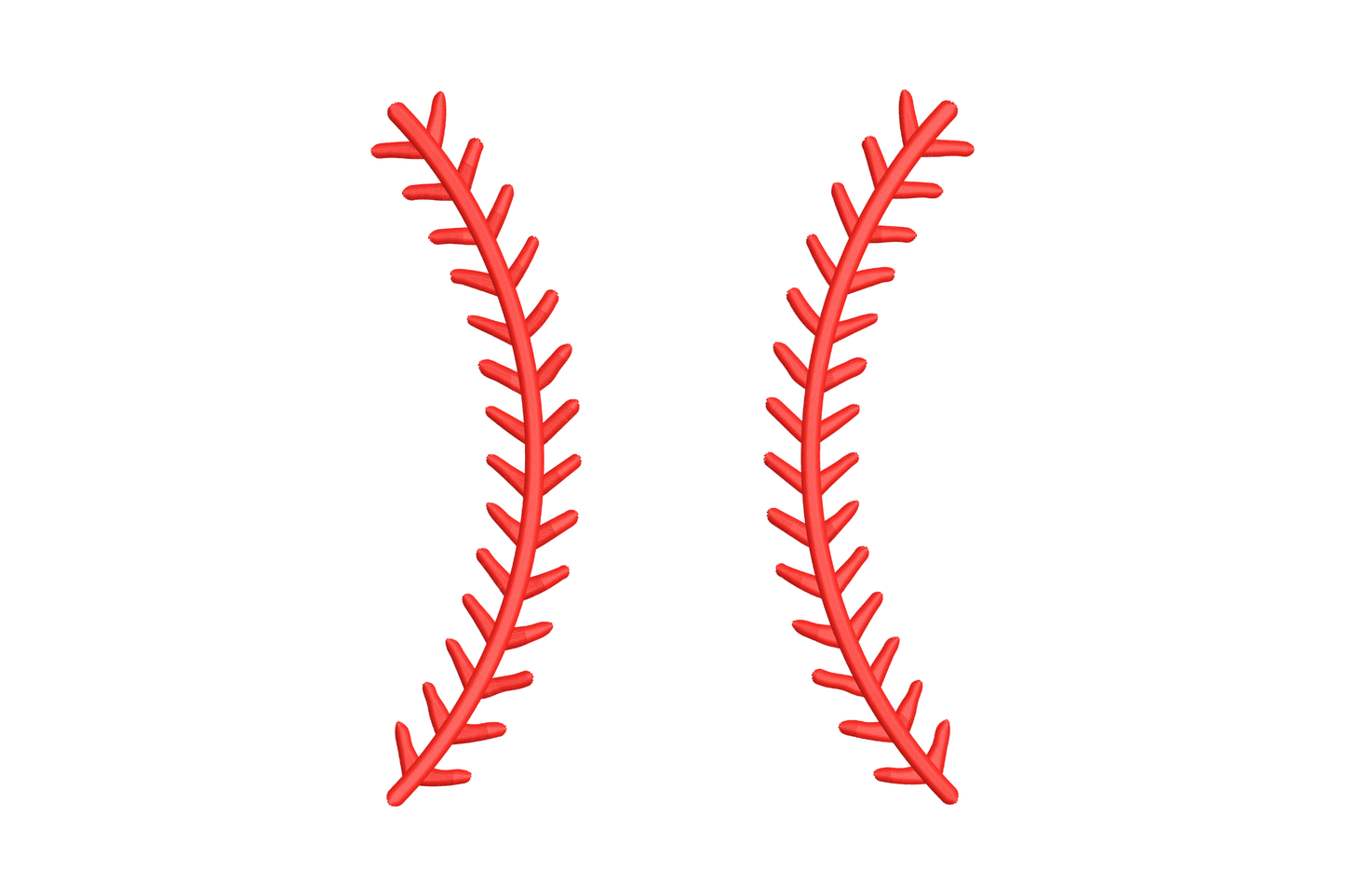 Baseball stitch outline embroidery, two curved red seam lines in X formation with no ball or fill, minimal sports design