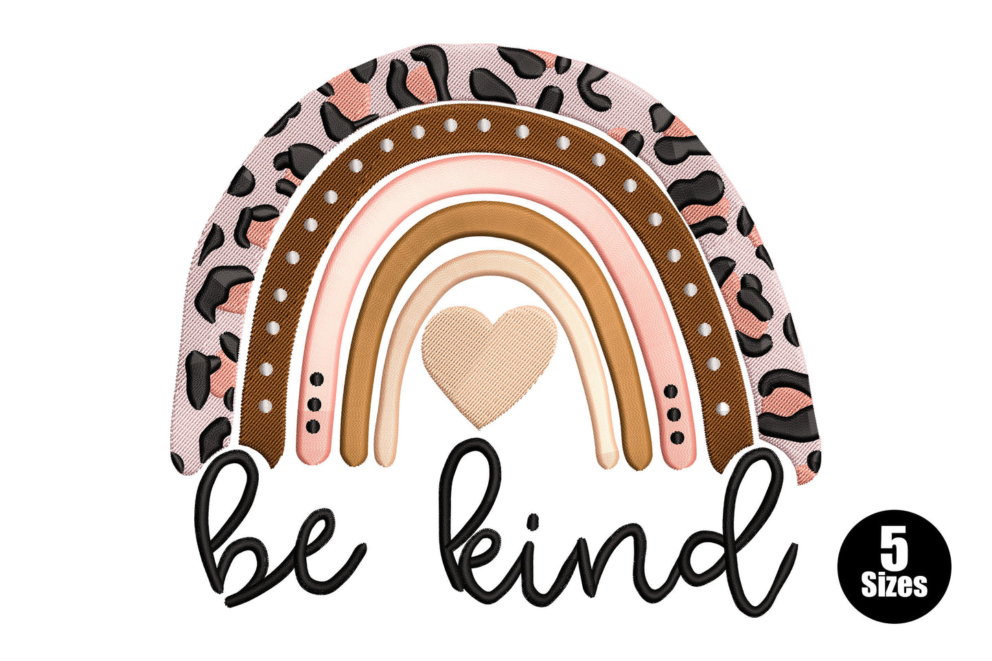 Be Kind rainbow embroidery, boho arch with leopard spots, polka dots, 4 colour bands and heart, 7 colours, 5 sizes 2.66 to 6.18 inches