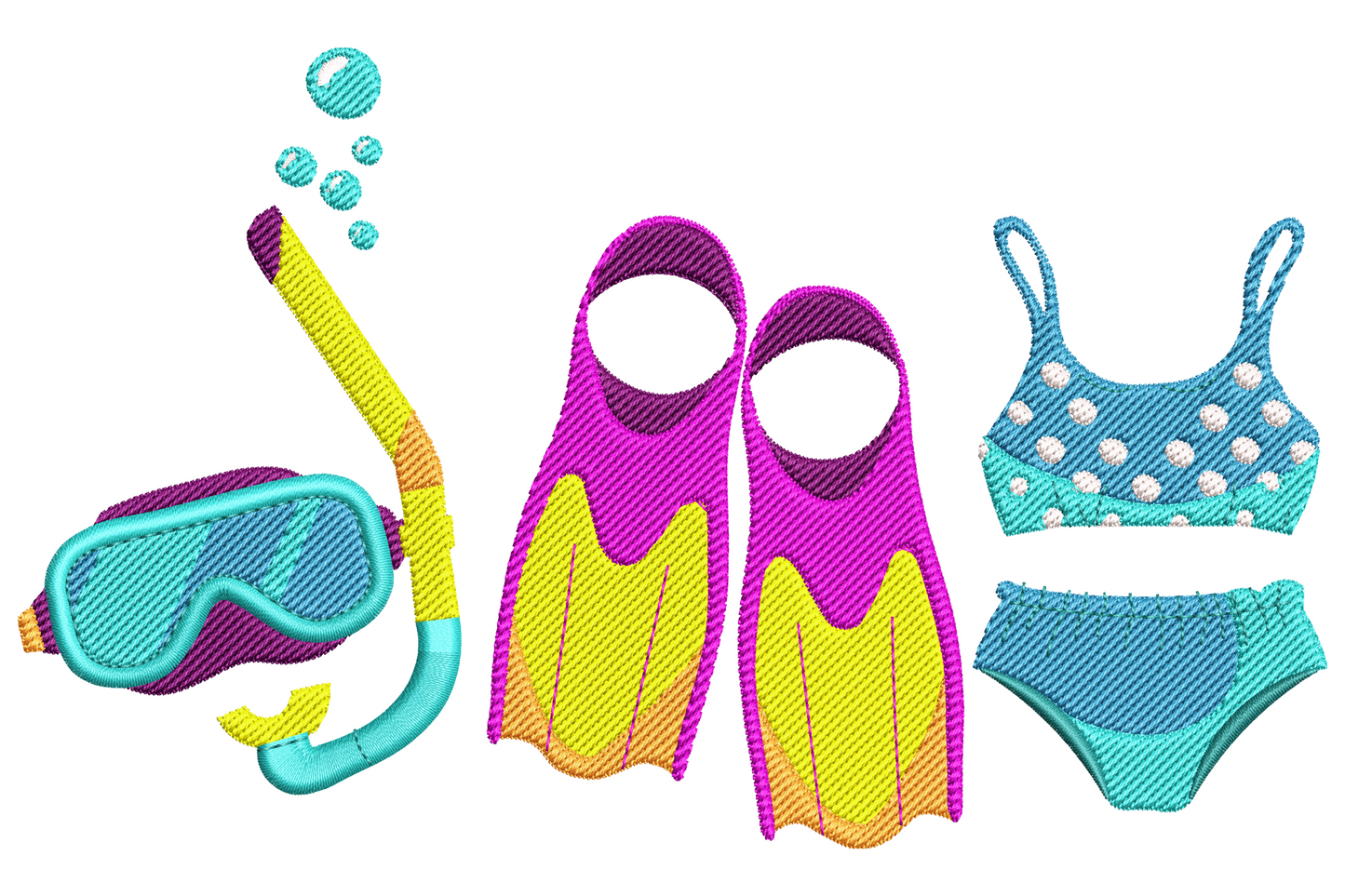 Horizontal lineup of beach accessories with coral red snorkel goggles, mustard bucket and shovel, red and white striped beach ball, blue striped towel, and flip flops in flat illustration style.