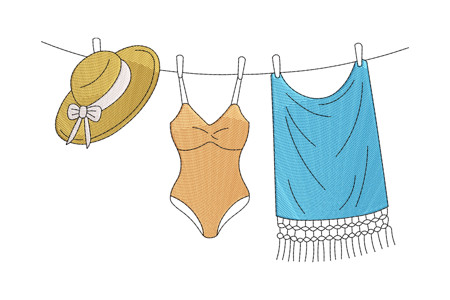 Illustration of a swimsuit, hat, and cover-up hanging on a clothesline against a white background