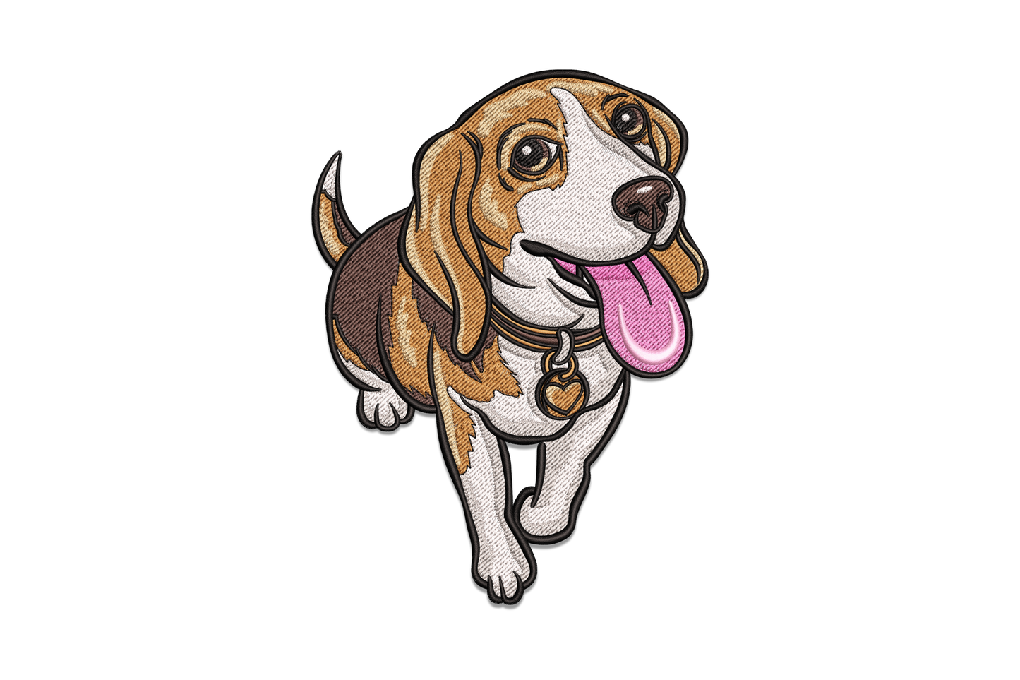 Cartoon beagle puppy with floppy ears and pink tongue machine embroidery design, 9 colors