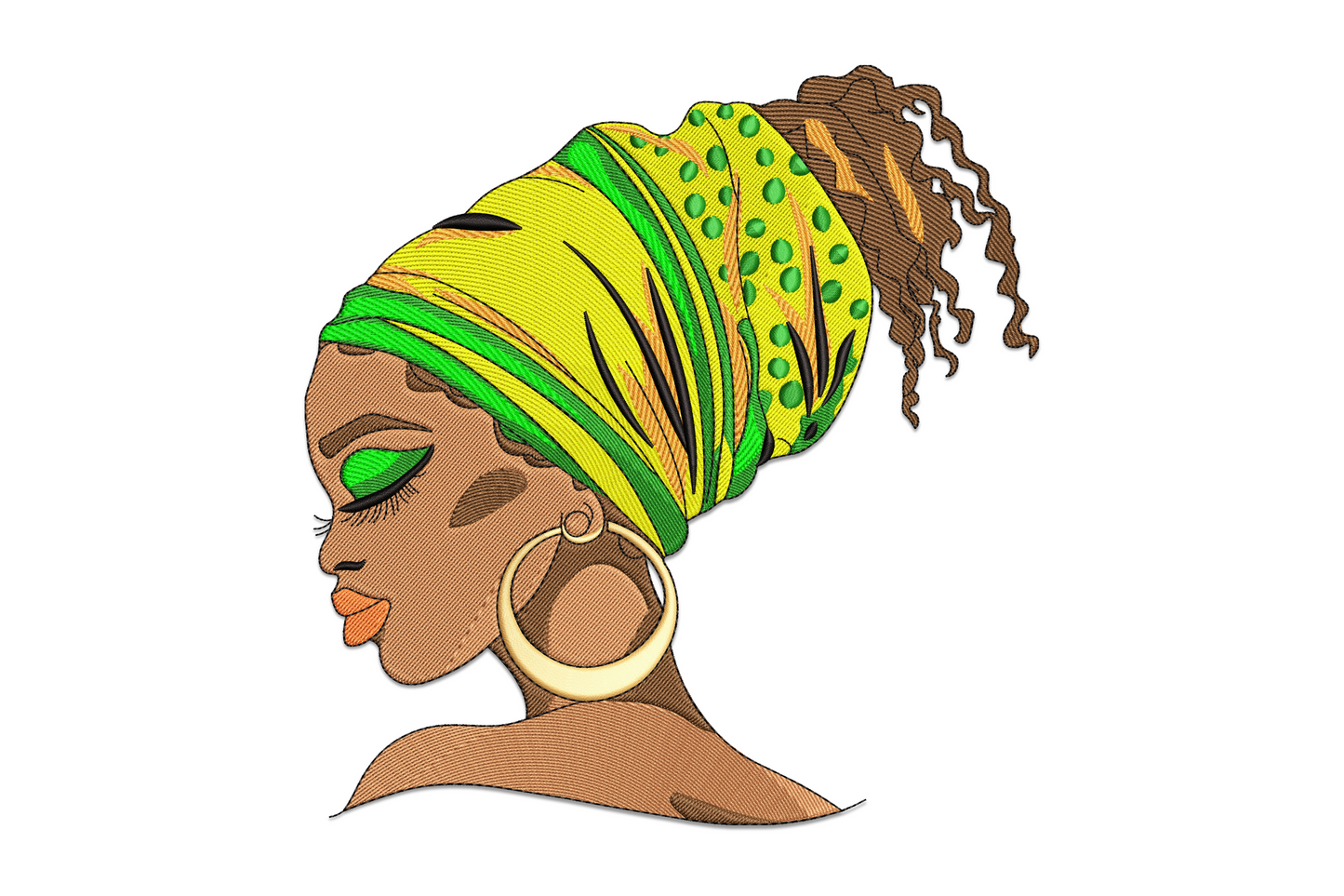 African woman portrait embroidery in side profile, yellow-green turban wrap, gold hoop earring, green eyeshadow, coral lips.