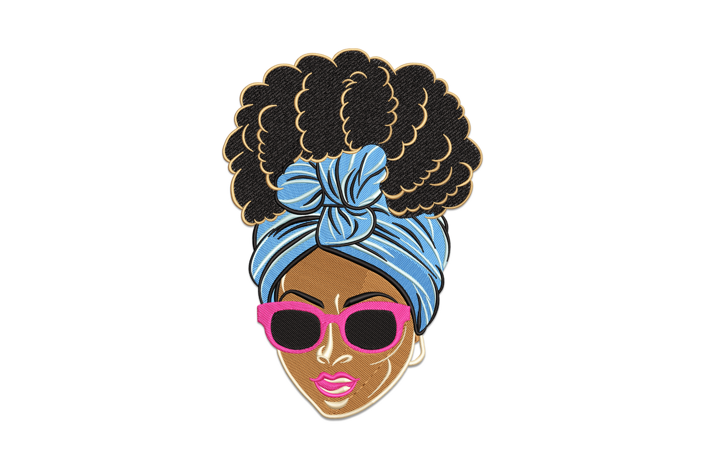 Portrait embroidery of a Black woman with large afro puff in gold-edged black, blue headwrap, pink oversized sunglasses and pink lips.