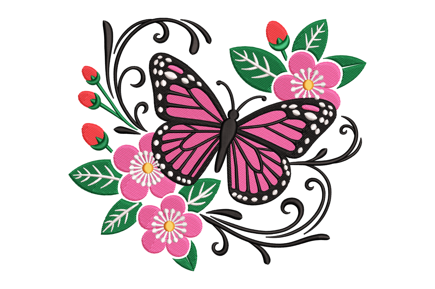 Pink butterfly and flowers embroidery design