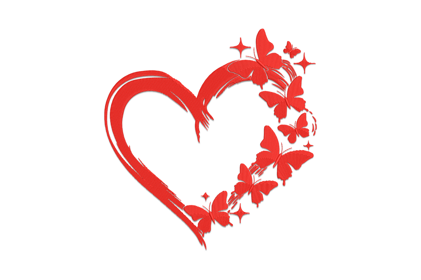 Butterfly heart embroidery design, two wings meeting at top to form a heart, single colour with vein detail satin fill.