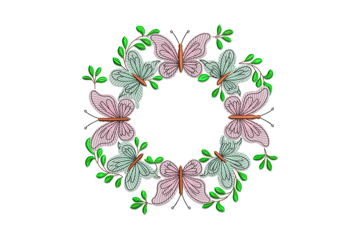 Butterfly wreath embroidery design with pink and mint butterflies on green leaf branches forming a circular spring wreath.