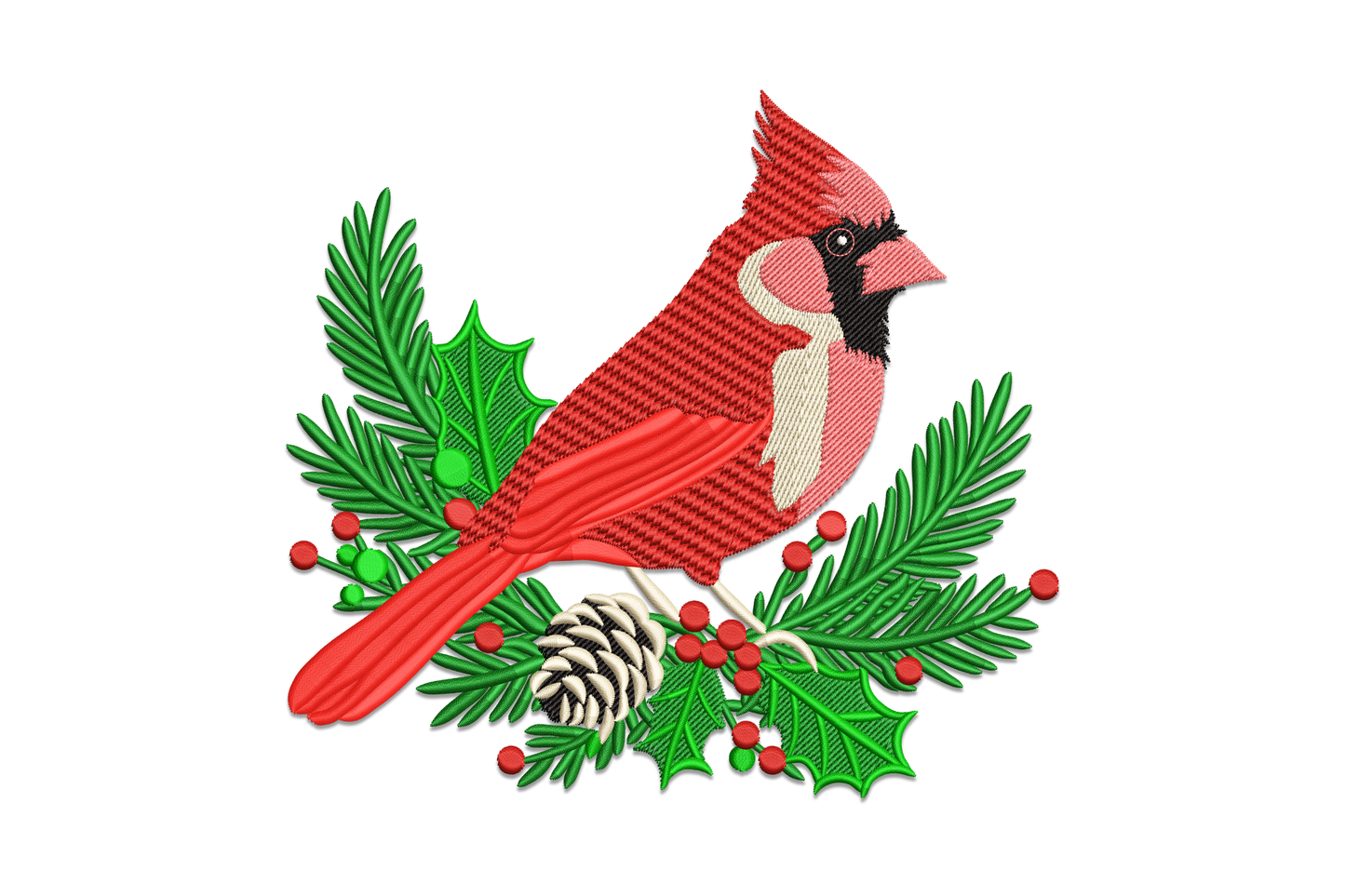 Red cardinal christmas embroidery on pine branch with holly, pinecone and berries, directional feather stitching, 5 sizes up to 6.88 inches.