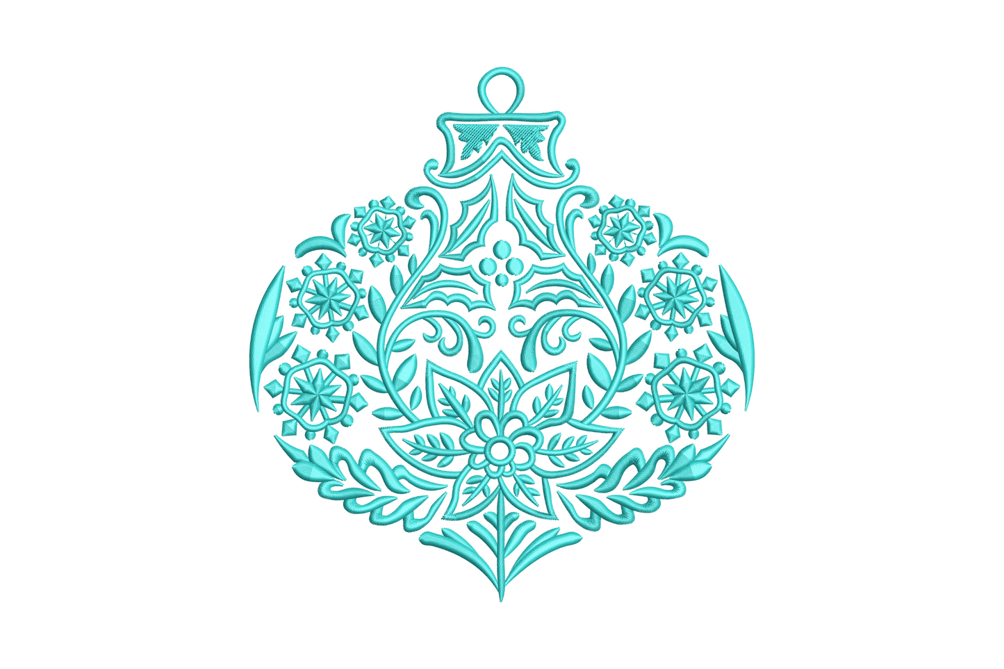 Ornate aqua christmas ornament embroidery with paisley filigree and floral medallions inside a bauble outline.
