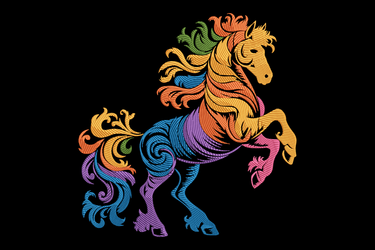 Colorful embroidered horse design on a black background