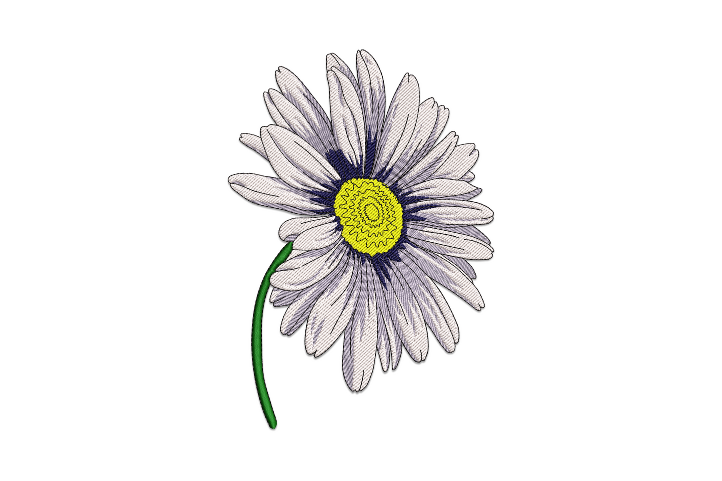 Daisy embroidery design with white petals, golden yellow centre button, and green stem in clean botanical style on white background.