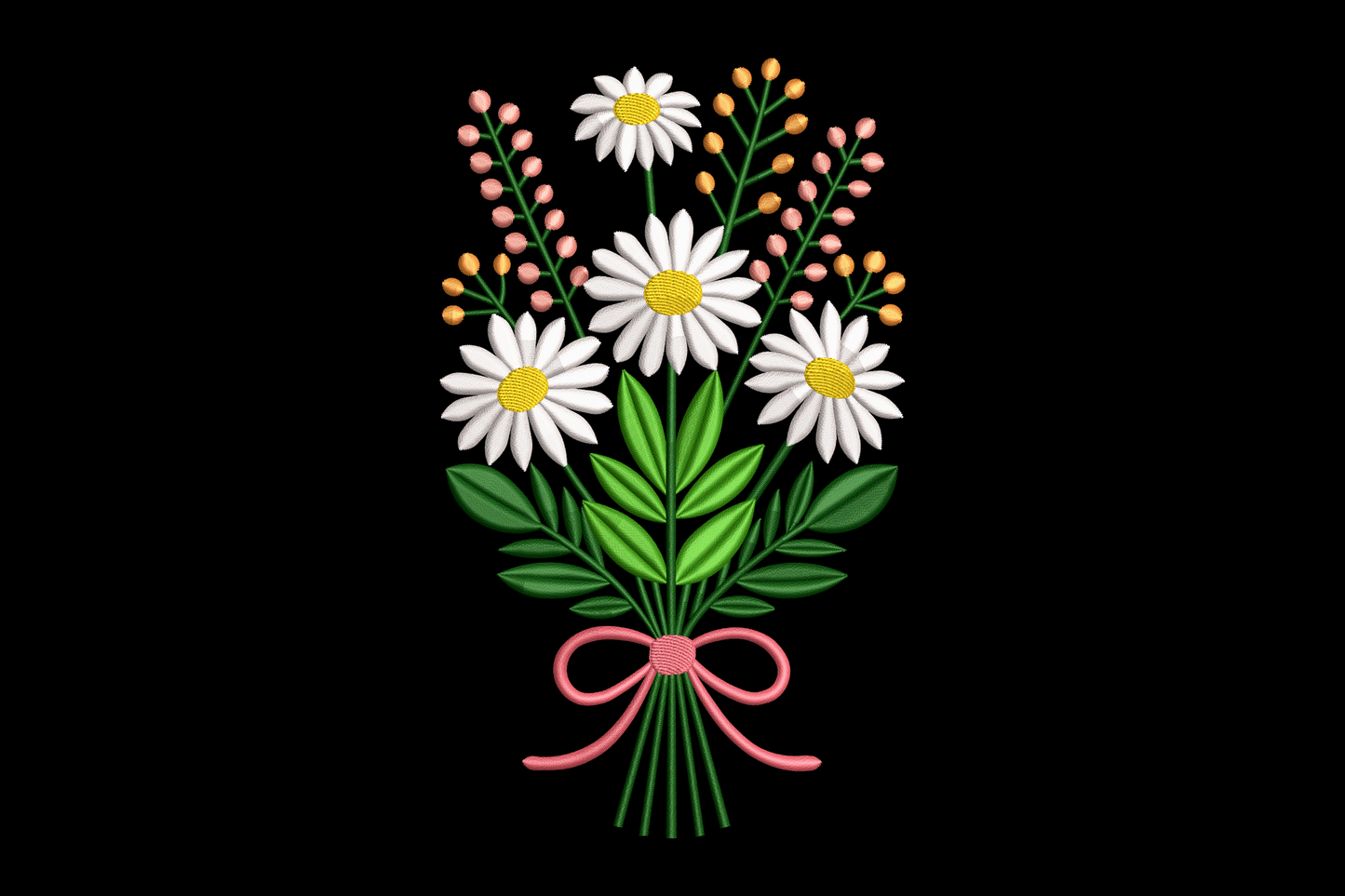 Embroidered design of a bouquet of flowers with a pink bow on a black background