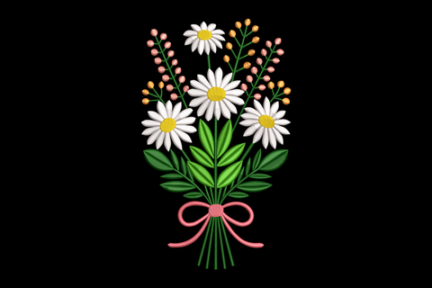 Embroidered design of a bouquet of flowers with a pink bow on a black background