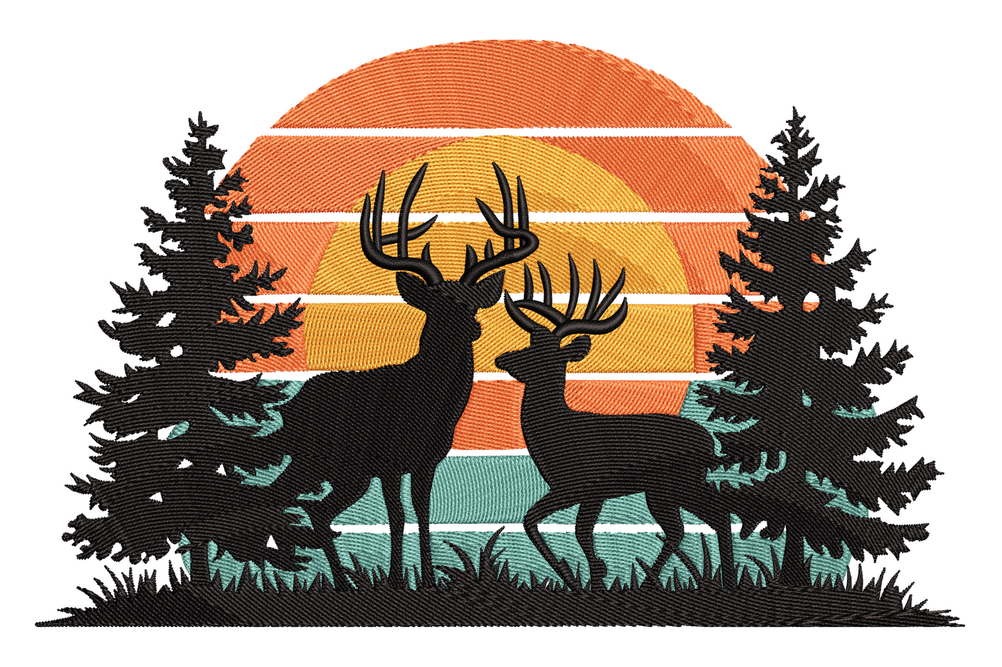 Two deer silhouettes against orange and teal sunset, pine trees flanking, dense black satin fills, 4 colour wildlife embroidery.