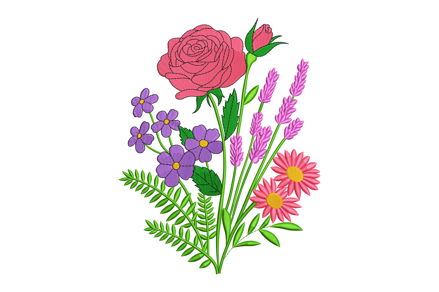 Colorful bouquet of flowers including a pink rose, purple and yellow flowers on a white background