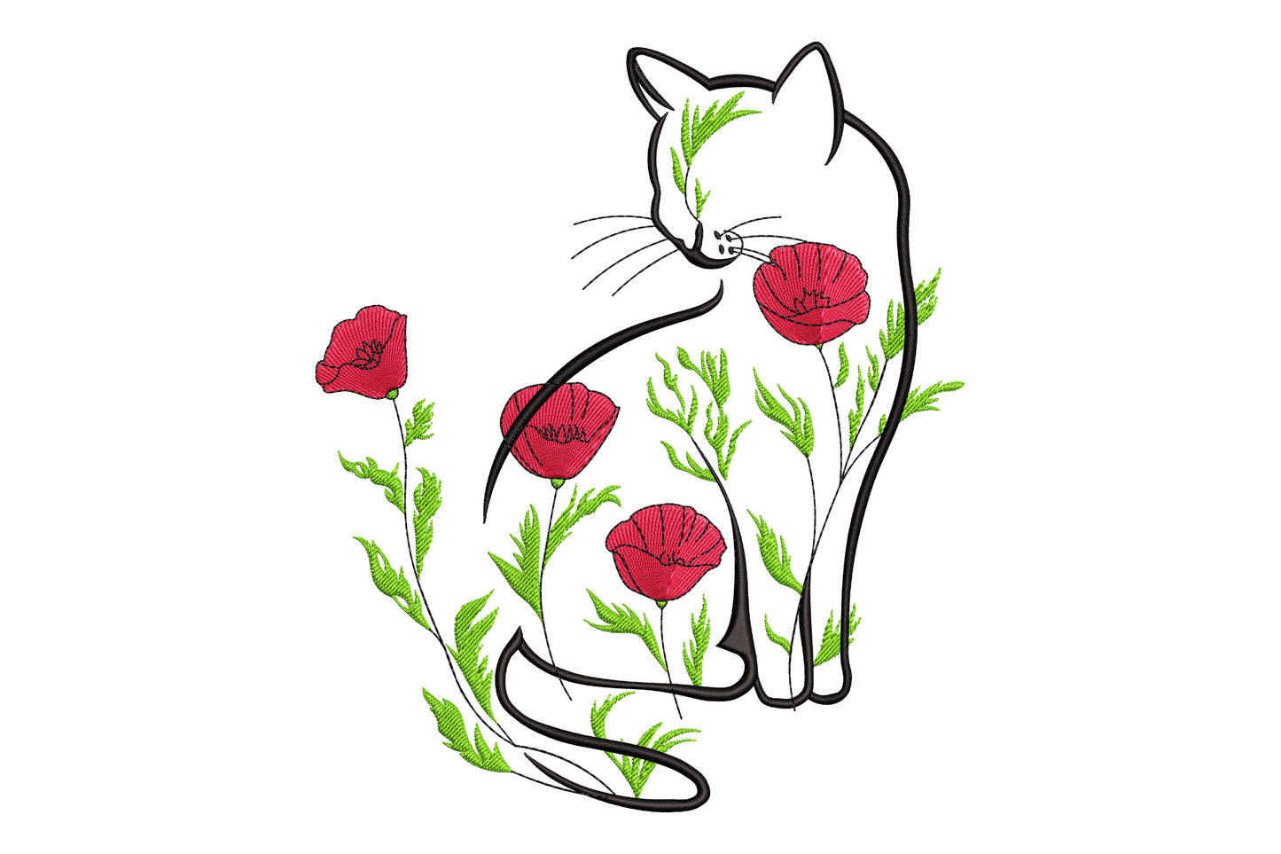 Floral cat silhouette embroidery design, seated cat outline in black with red poppy flowers and green stems growing through the shape.