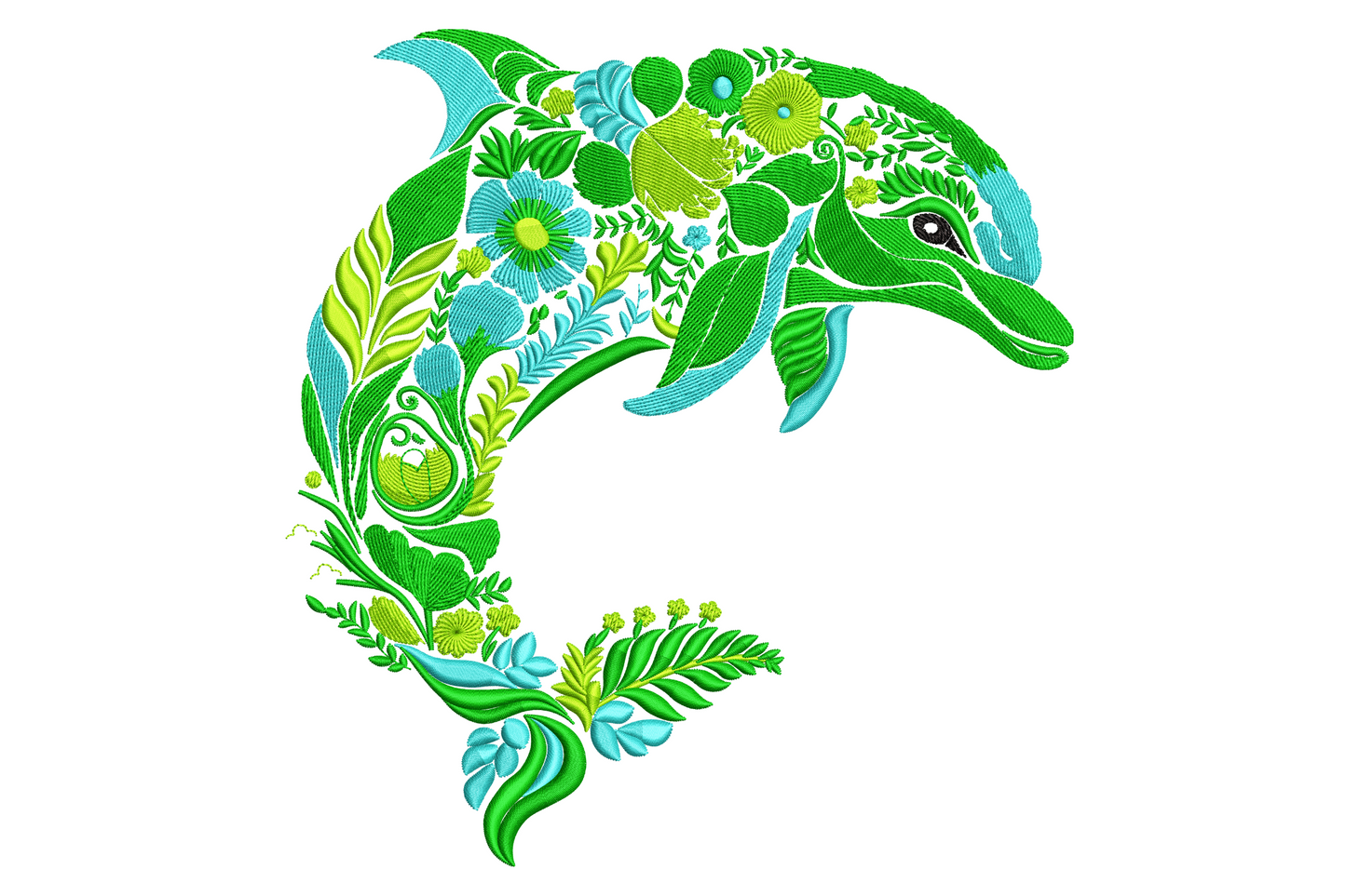 Floral dolphin embroidery, leaping dolphin silhouette filled with aqua and green tropical leaves and botanical flowers.