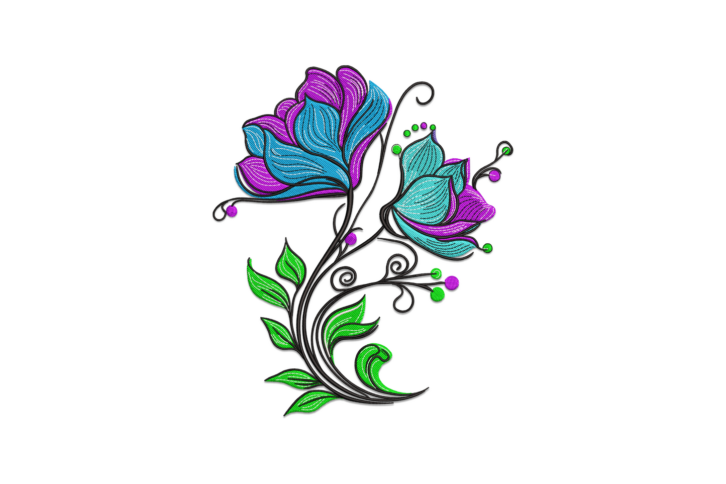 Purple and teal two-bloom floral embroidery design with curving stem and green leaves on white